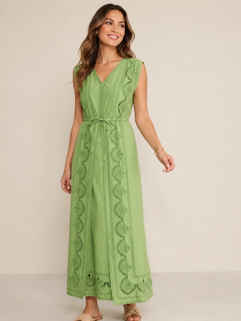 Soft Surroundings Ellison Linen Blend Maxi Dress MP Green Embroidered